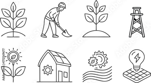 Sustainable energy solutions icons showing renewable resources and eco friendly technology