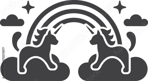 Two unicorns silhouetted against a rainbow and stars