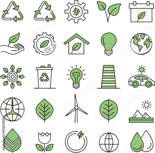 Eco friendly icons showcasing sustainability and green energy initiatives for a greener future
