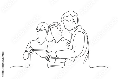 Continues line and simple line of group of architects checking design Single line drawing vector graphic design illustration