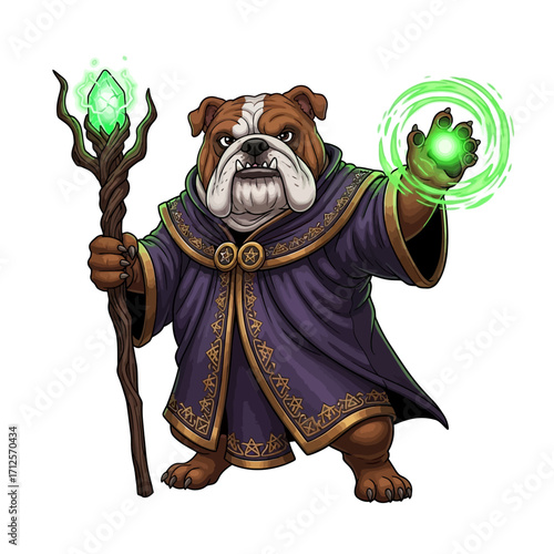 Battle Mage Bulldog Vector Character in Purple Arcane Robes Casting Green Magic Fantasy Cartoon