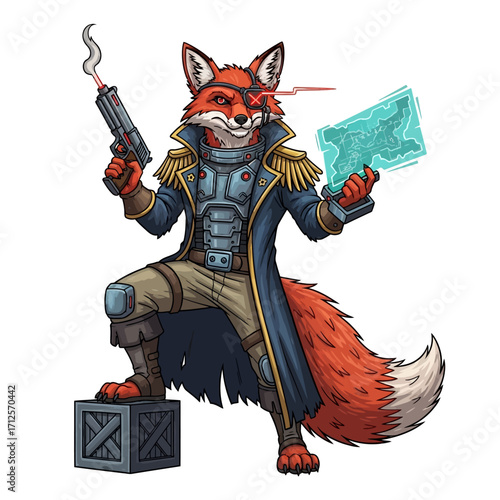 Space Pirate Fox Full-Body Vector Character with Cybernetic Eye-Patch, Laser Pistol, and Holographic Treasure Map