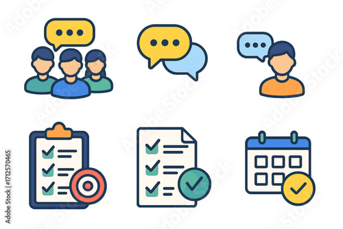 Set of business communication and task management vector icons. Includes group chat, teamwork, planning, and goal achievement symbols. Modern flat cartoon style illustration.