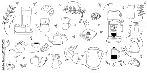 Delicious coffee icons in doodle art featuring beverages and snacks. hand drawn coffee design
