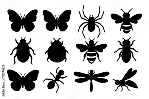 Insect silhouette collection vector icon set. Bug illustration. Butterfly, spider, bee, ant, dragonfly, beetle, wasp. Entomology concept. Black animal shapes. Nature design.