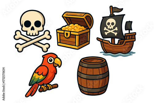 Pirate icons vector set. Cartoon collection with skull and crossbones, treasure chest, ship, parrot, and rum barrel. Sea adventure, buccaneer, and treasure hunt concept.