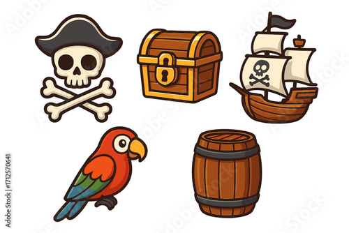 Pirate icons collection with skull and crossbones, treasure chest, ship, and parrot. Vector cartoon sticker pack for kids. Sea adventure elements, rum barrel, and jolly roger.