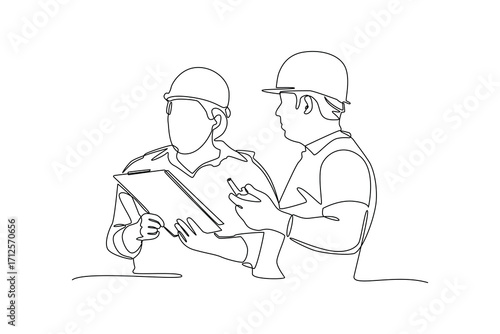Continues line and simple line of two architects discussing blueprint Single line drawing vector graphic design illustration