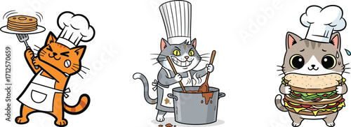 Cute cartoon chef cats cooking food, holding pancakes, stirring pot, eating burger, funny animal character illustration for restaurant, kitchen, culinary design
