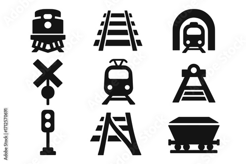 Railway icons set train transport. Railroad silhouette symbols. Vector collection. Locomotive, tracks, tunnel, crossing signal, metro, freight wagon. Public transportation.