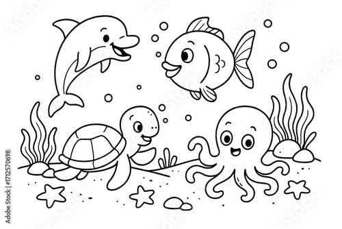 Cute marine life set for coloring book page. Cartoon sea animals collection with dolphin, fish, turtle, octopus. Underwater ocean scene vector outline illustration for kids.