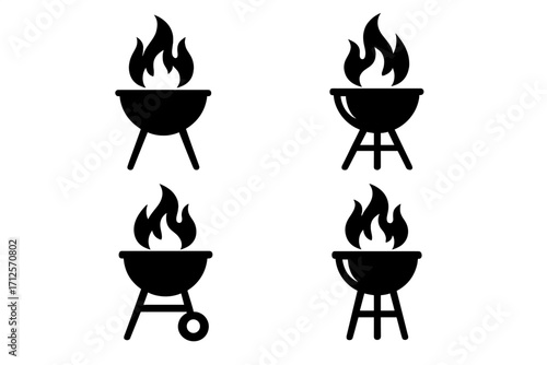 Set of black barbecue grill icons with flames, solid silhouette design, vector cartoon illustration, outdoor cooking, grilling tools, BBQ party, transparent background, ordered set