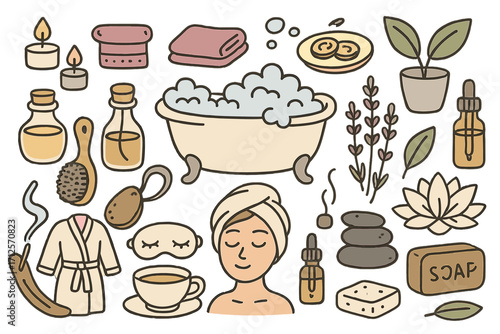 Self-care doodle art set featuring bath time relaxation, wellness and spa elements, essential oils, candles, robe, herbal therapy, massage stones, and beauty treatment illustrations, vector cartoon