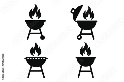 Set of black barbecue grill icons with flame silhouettes, solid vector design, cartoon style grill illustrations, transparent background, outdoor cooking, summer BBQ set