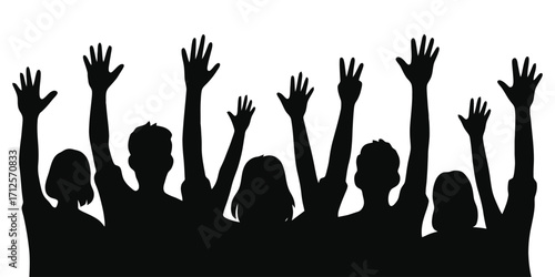 A group of people are raised hands in the air. Concept of unity and togetherness. Vector silhouette. 