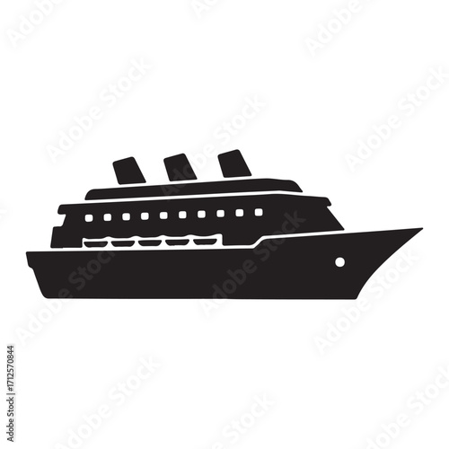 Black Cruise Ship Silhouette on White Background Representing Travel and Vacations with Luxury Liners and Tourism Opportunities