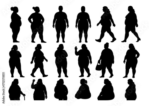 A series of silhouettes of overweight people walking. The silhouettes are of varying sizes and are arranged in a row. Vector silhouette. 
