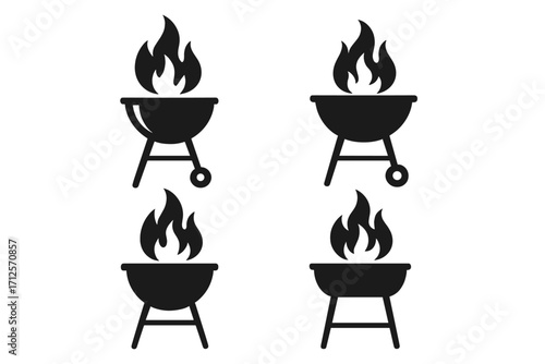 Set of black barbecue grill icons with flames, solid silhouette design, vector cartoon illustration, outdoor cooking symbols, BBQ party, grilling elements, picnic set