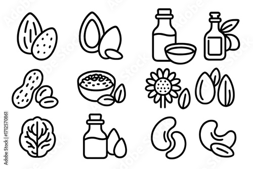 Linear healthy food icons set featuring nuts, seeds, oils, almonds, peanuts, sunflower, cashews, walnuts, natural snack, organic ingredients, vegan vector illustration with transparent background