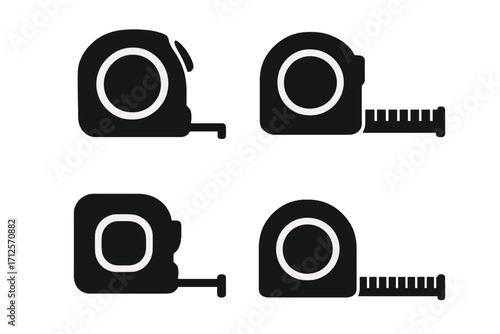 Set of minimalist black silhouette measuring tape icons, vector cartoon illustration with transparent background, ordered collection of retractable tape measures, construction and design tools