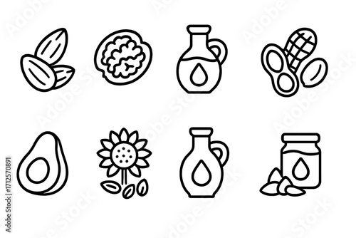 Set of linear healthy food icons with nuts, seeds, oils and natural ingredients, vector cartoon illustration with transparent background, nutritious and organic food symbols for wellness