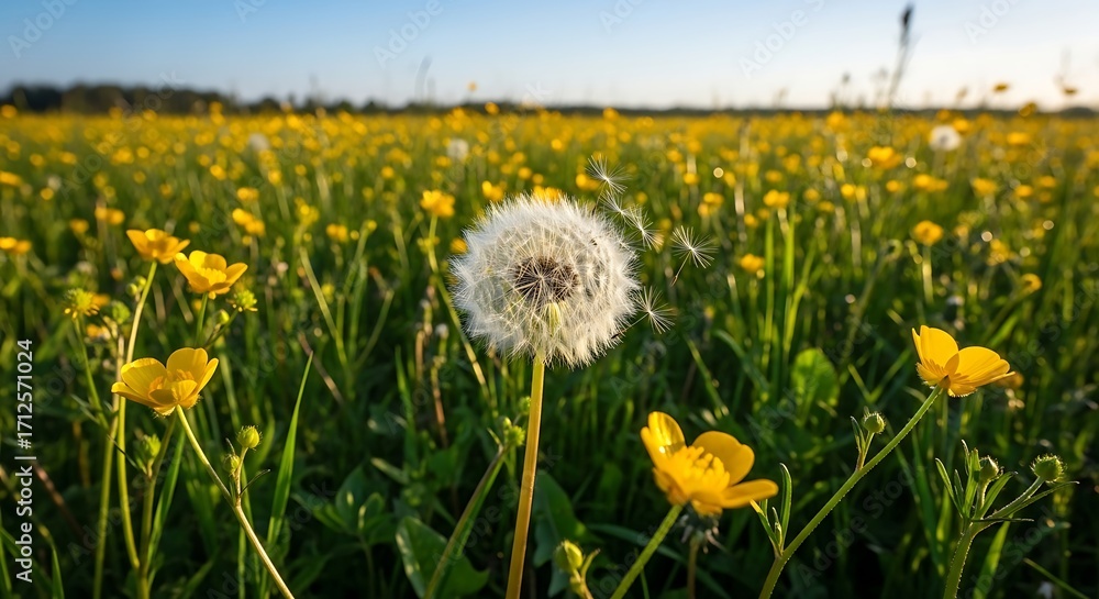 Fototapeta premium Dandelion Seed Head in a Field of Yellow Buttercups at Sunset.