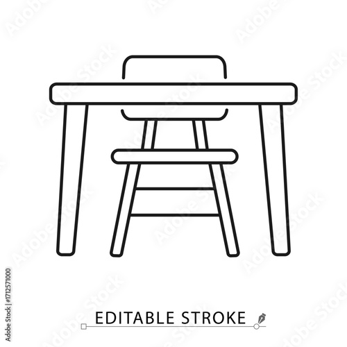 A dining table icon in minimalist style with editable stroke. Home furniture, kitchen decor, family meal element, wooden table, modern interior, dining room design, household symbol, eating place.