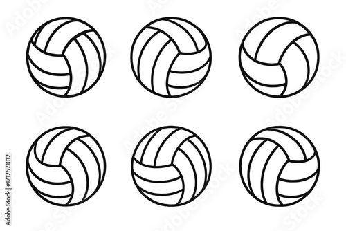 Set of six unique line art volleyballs with different patterns, vector cartoon illustration, sports equipment, isolated on white background, transparent background, ordered collection