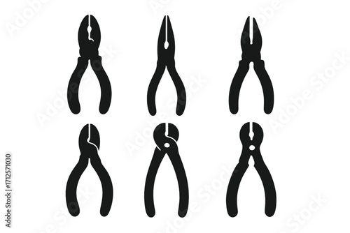 Set of six silhouette pliers icons, vector tool design, cartoon style, transparent background, ordered collection of hand tools, workshop and repair equipment graphics