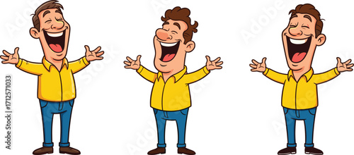 Happy cartoon man laughing joyfully, funny male character, cheerful expression, animated laughter, comic man in yellow shirt, joyful guy, vector illustration, laughing man, humorous cartoon, 