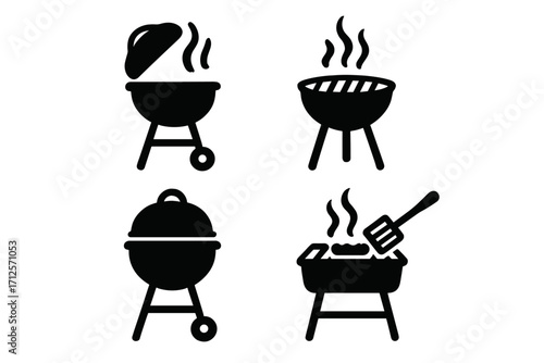 Silhouette barbecue grill icons set for outdoor cooking, grilling, BBQ party vector cartoon illustration with transparent background, summer cookout design collection, barbeque tools and flames