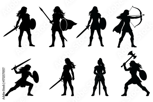 A group of six silhouettes of warriors, each holding a different weapon. The warriors are all standing in different poses. Vector silhouette. 
