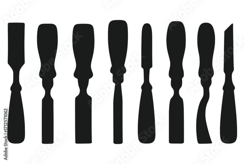 Silhouette collection of woodworking chisel icons, carpentry tools vector illustration, set of chisels for wood carving, craft, manual shaping, repair and DIY projects, black cutout design