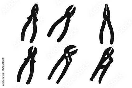 Set of six silhouette pliers icons, tool collection, vector cartoon illustration, black shapes isolated on transparent background, mechanical hand tools, hardware set