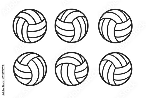 Set of six volleyball line art icons with unique pattern designs, black and white minimalistic sport balls, clean vector illustration, seamless transparent background, organized collection