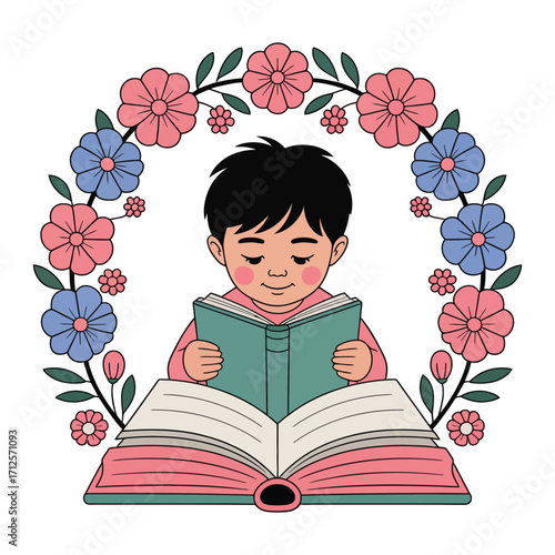 Child reads book amidst flowers isolated on white background