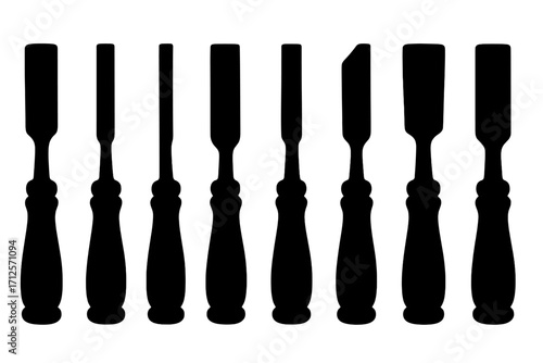 Silhouette collection of woodworking chisels icons, carpentry tool set, flat blade carving tools, hand tool silhouettes, vector illustration, precise blade shapes, transparent background