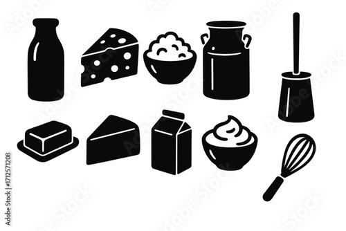Silhouette vector icons of dairy products and kitchen tools in black and white, cheese, milk bottle, butter, cream, cottage cheese, whisk, milk carton, transparent background, ordered set