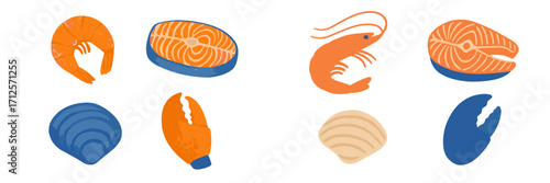 Colorful seafood illustrations featuring shrimp, salmon, and shellfish in a playful design on a white background