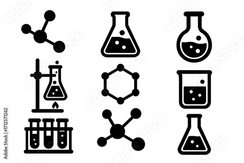 Chemistry science lab icon set. Vector molecule, atom, flask symbols. Research, experiment, analysis concepts. Laboratory glassware silhouette for education, biology.