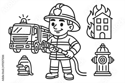 Firefighter line art coloring page set. Cartoon fireman hero with firetruck, fire hydrant, and burning house icons. Emergency rescue service profession vector illustration.