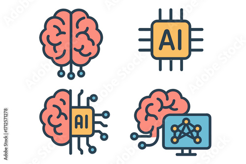 Brain and technology icon set with artificial intelligence and neural network. Vector line icons for machine learning, deep learning, cyborg concept, human mind, data, processor.