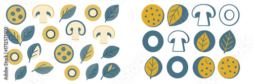 Colorful collection of leaves, mushrooms, and circles in a playful pattern on a light background showcasing nature-inspired design elements