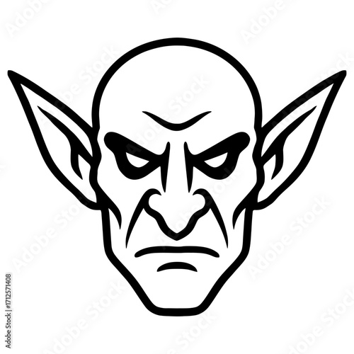 A black and white drawing of a monster with a demonic face and evil eyes. The monster has a menacing look on its face. Vector silhouette. 
