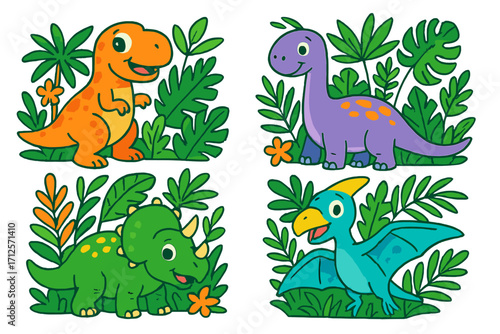 Cute dinosaur cartoon vector set. Baby dino character illustration collection. Prehistoric animal monster for kids. T-rex, triceratops in jungle. Funny comic personage.