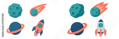 Colorful space-themed illustrations featuring rockets, asteroids, and planets for creative projects