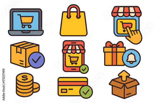 E-commerce icon set for online shopping. Flat design vector illustration. Mobile store, payment, and delivery symbols. Retail business, web and app graphic elements.