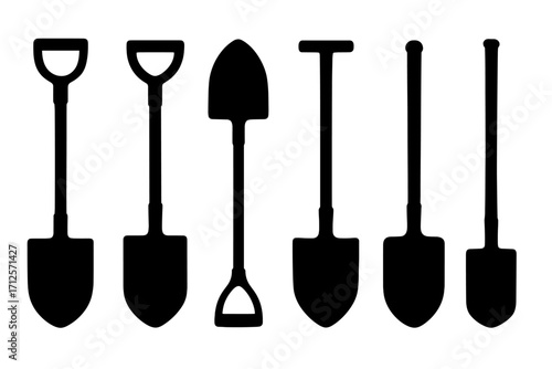 Silhouette set of six distinct shovel designs for gardening and construction, vector cartoon illustration with transparent background, ordered set of digging tools and garden equipment