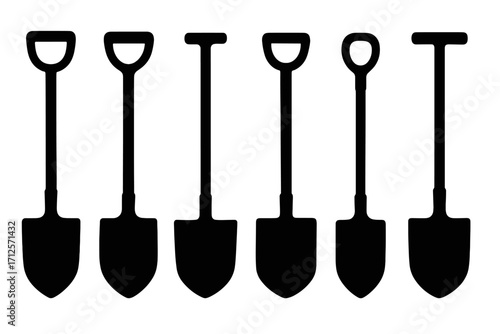 Silhouette set of six distinct shovel designs for gardening, construction, digging tools, vector cartoon illustration with transparent background, ordered set collection