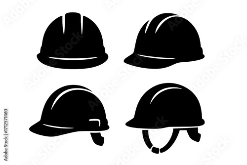 Silhouette safety helmets icons set black and white. Construction hard hats vector illustration. Protective headgear silhouette collection. Transparent background.